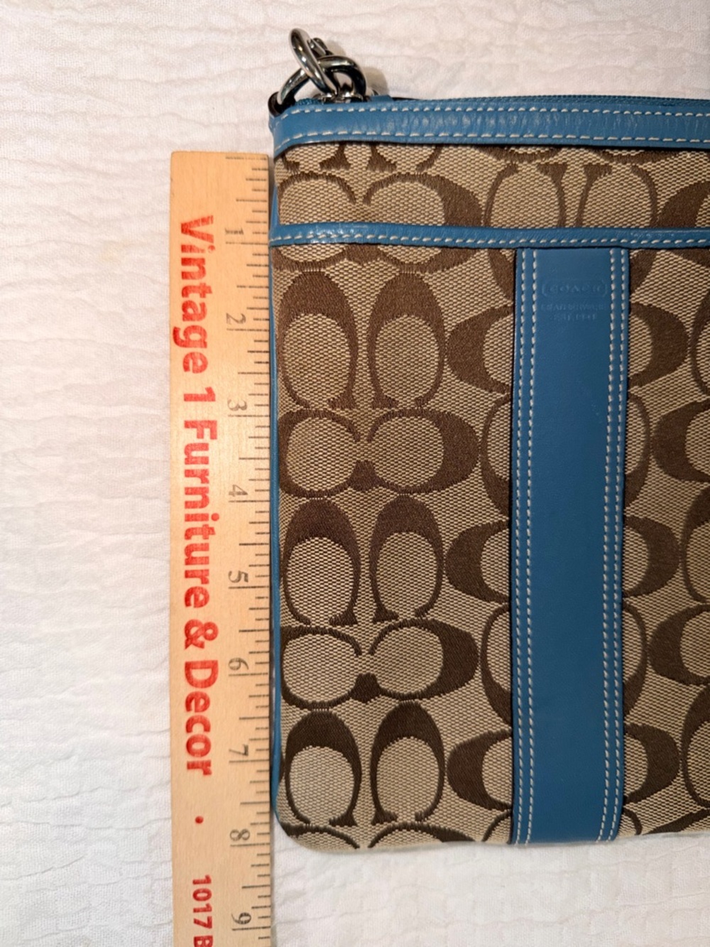 Coach Tan Signature Crossbody with Blue Leather Accents - Picture 8 of 8